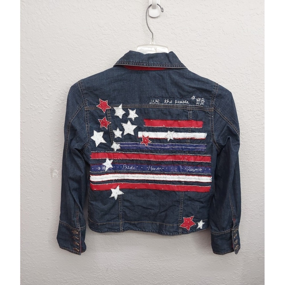 Chicos Flag Denim Jacket Women 1 Blue Red Stars Striped Patriotic Stretch Button